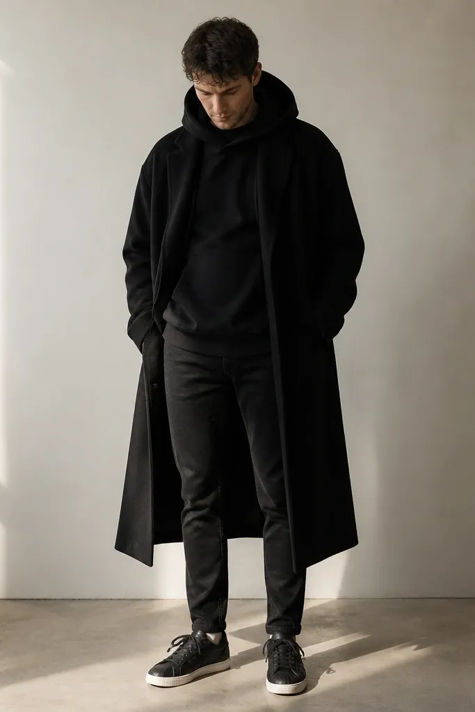 A modeled outfit photo with an oversized black hoodie worn over a black crew layer, paired with slim black jeans. A long black overcoat falls to mid-calf, opening slightly at the front. The jeans are fitted through the ankle and show a small cuff break above the sneaker. Black adidas Superstar sneakers are centered, with the white sole edge visible under the overcoat hem.