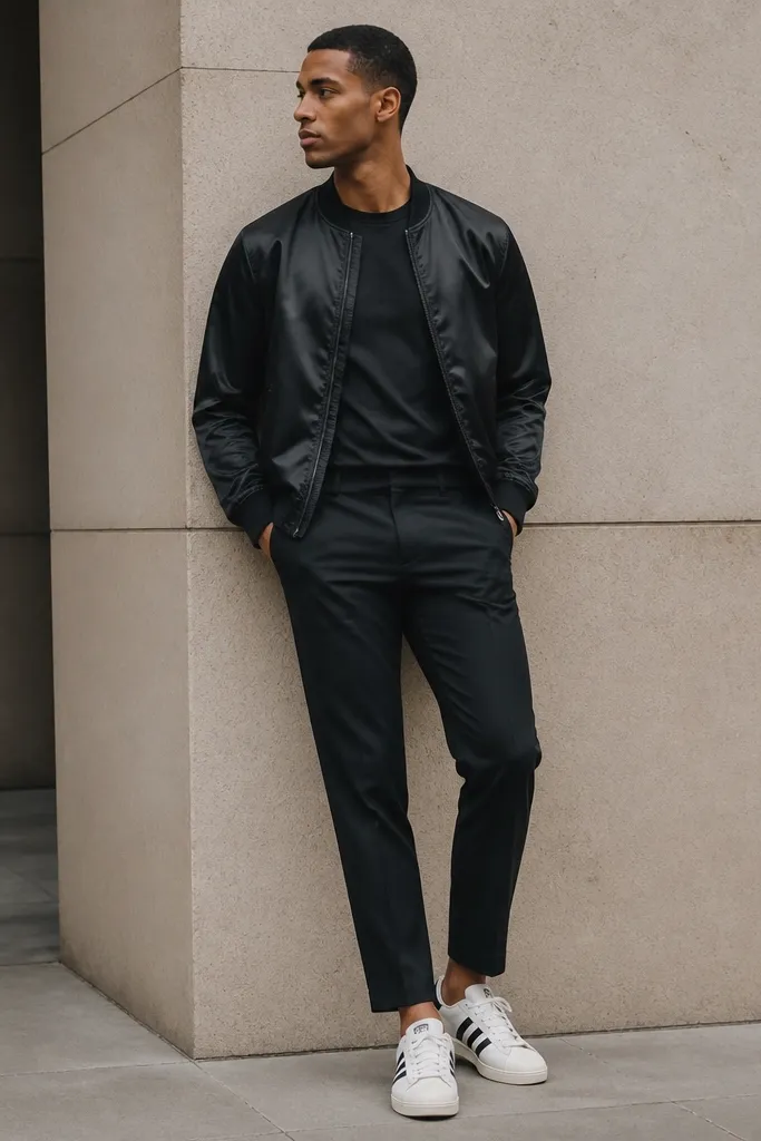 A photo showing a black satin bomber with a subtle sheen and ribbed cuffs. Under it is a fitted black T-shirt. The pants are tapered black trousers with a clean crease line, ending near the top of the Superstar. The lighting catches the satin texture while keeping everything else matte.