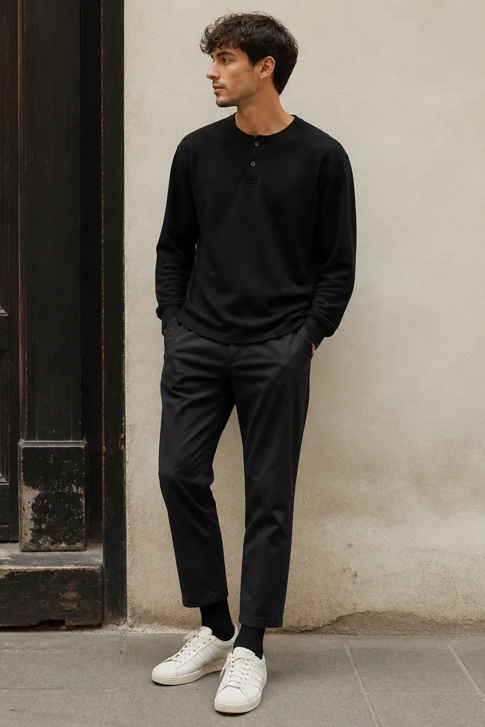 A casual street look featuring a black long-sleeve henley with two buttons and a slightly relaxed fit. It's paired with black cropped chinos that end above the sneaker and show ankle. The socks are black with a subtle texture, and the Superstars sit low with the tongue centered.