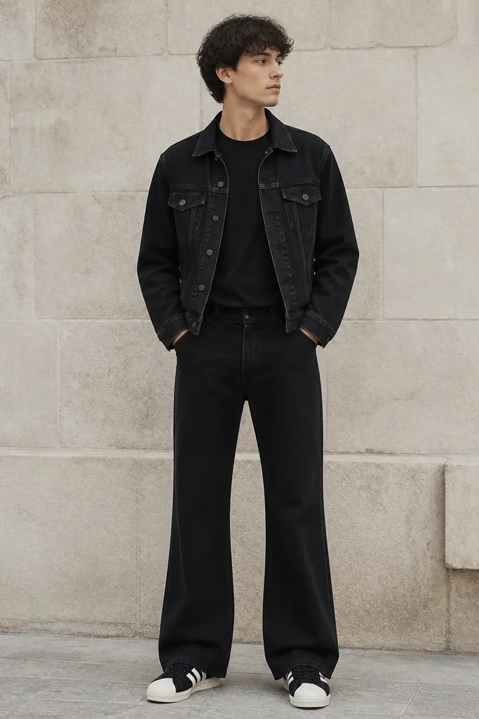 An all-black outfit with a black denim jacket worn over a plain black crewneck tee. The pants are wide-leg black jeans with a noticeable flare from the knee down. The jeans drape around the Superstars without pooling. The jacket has visible seam lines and a slightly faded wash.
