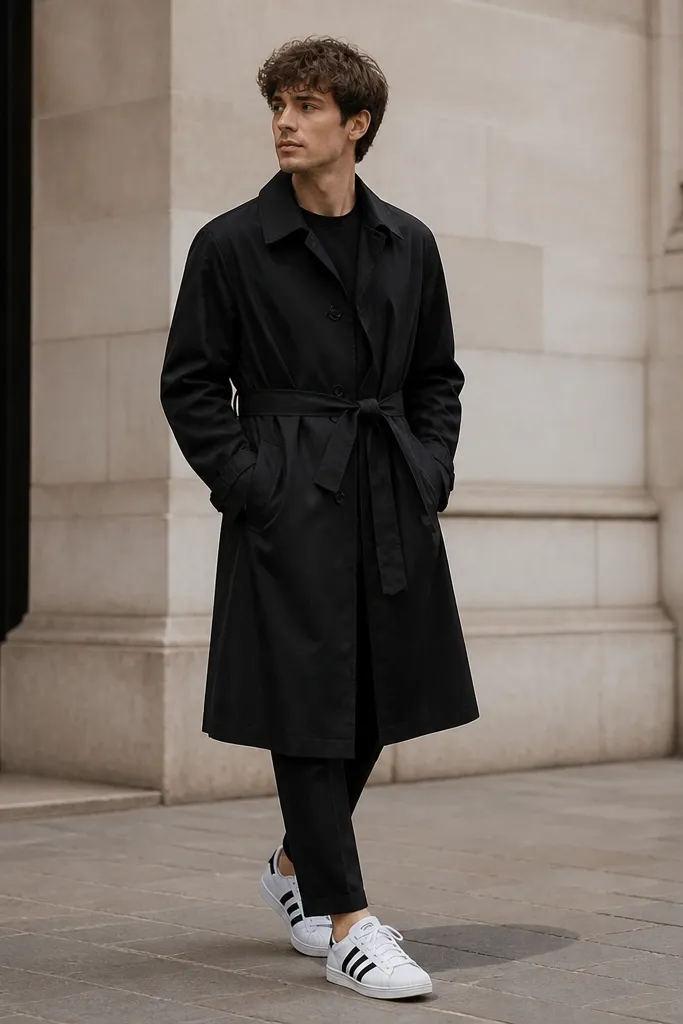 A trench coat in black with a belt tied loosely at the waist, worn over a black short-sleeve tee. The trousers are tapered and slightly cropped, ending just above the Superstar. The trench has a classic collar and visible button line. The outfit is photographed outdoors with a soft shadow under the coat hem.