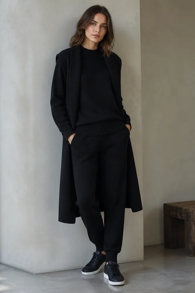 A coordinated all-black knit outfit with a crewneck sweater and matching knit pants. A longline black vest sits over the sweater, creating layered lines. The pants are tapered through the ankle and show a clear break at the shoe. Black adidas Superstars are visible with a clean white sole.