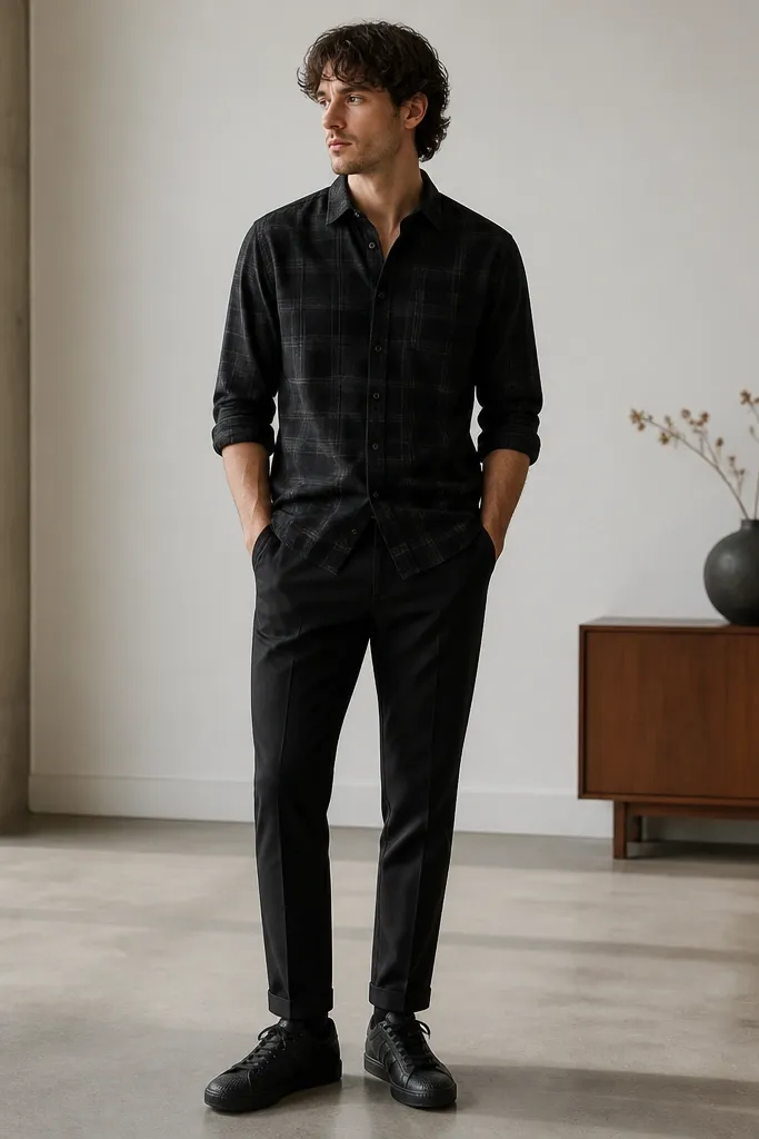 A black flannel button-up worn with the sleeves rolled to mid-forearm. It's paired with black chinos that are slightly tapered and neatly pressed. The shirt is partially tucked at the front, leaving a small amount of fabric at the sides. Black adidas Superstars are shown with the flannel hem sitting just above the waistband line.