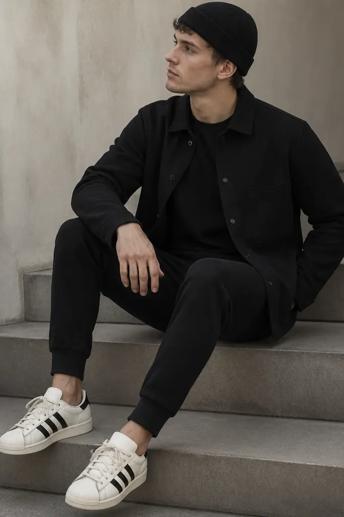 A monochrome look with a black overshirt layered over a black thermal base layer. Slim black joggers sit above the ankle with a clean taper, and a knit black beanie covers the head. The Superstars are visible with the cuff line ending just above the shoe. The overshirt has snap buttons and a slightly brushed finish.