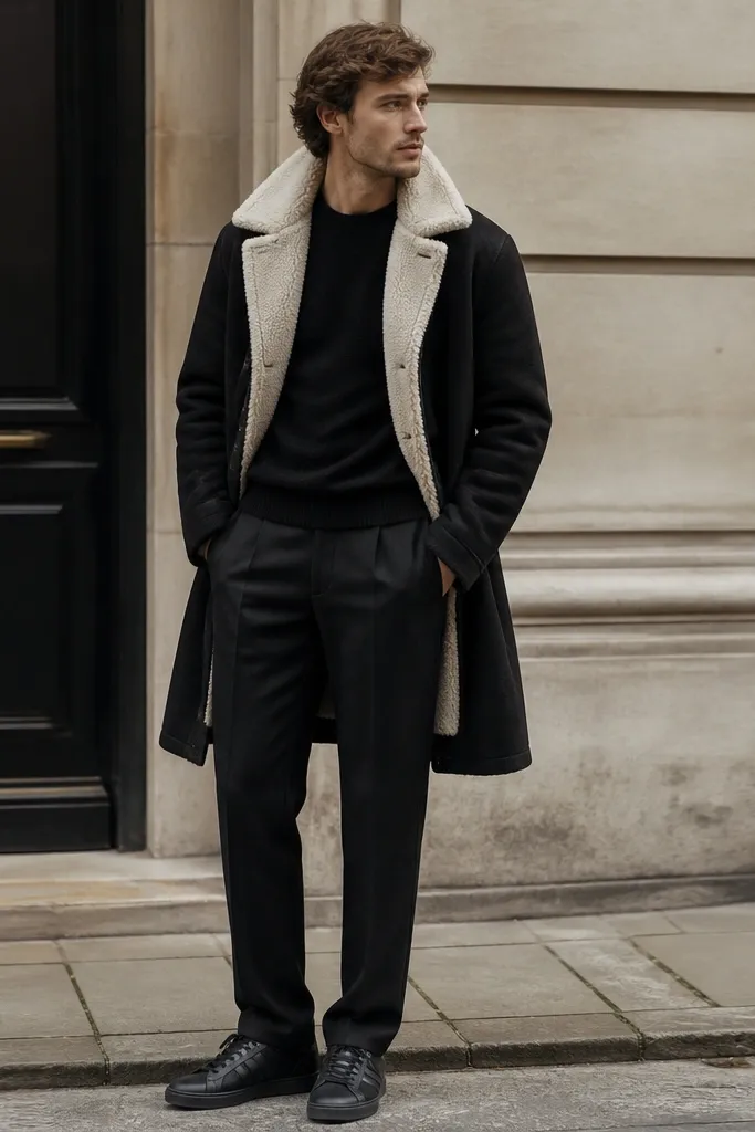 A winter outfit showing a black coat with a shearling-look collar and lining. A black crewneck sweater is worn underneath. The trousers are straight black wool or suiting fabric with a crisp line. Black Superstars are visible at the bottom, with the coat hem stopping above mid-shin.
