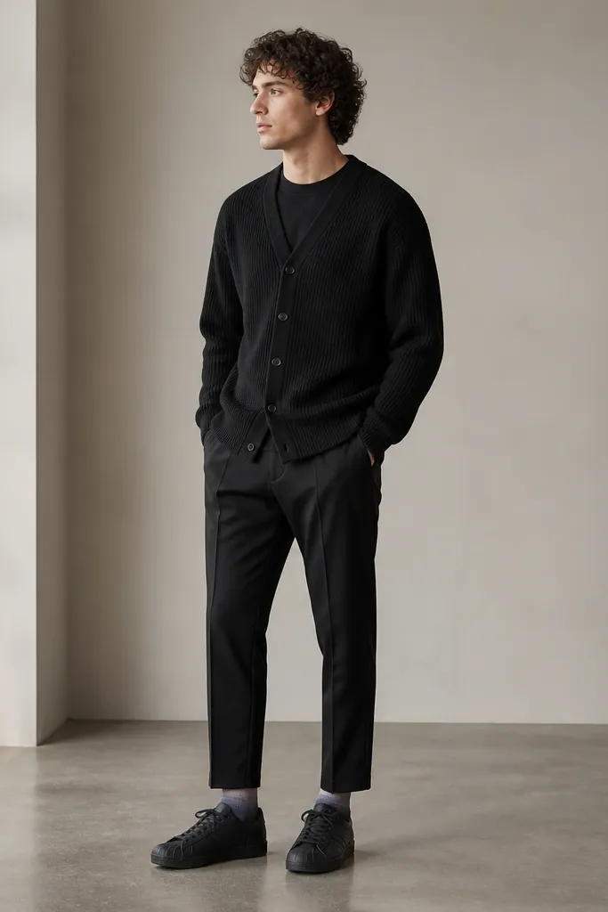 A black knit cardigan worn over a black tee. The pants are tapered black trousers with a neat crease. The only color break is socks with a subtle dark-to-light gradient near the top, visible above the Superstars. The cardigan buttons are closed and the overall look is monochrome except the sock detail.