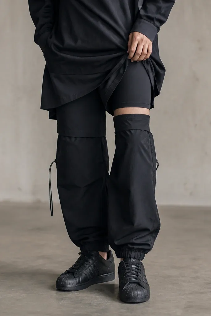 A fashion-forward outfit with a black long tee worn over black tech fabric overshirt. Underneath, black cycling shorts are visible at the hem line when the tee lifts slightly. The pants aren't traditional; it's a layered athletic-meets-street look. Black adidas Superstar sneakers anchor the outfit, photographed from the waist down with the sneakers centered.