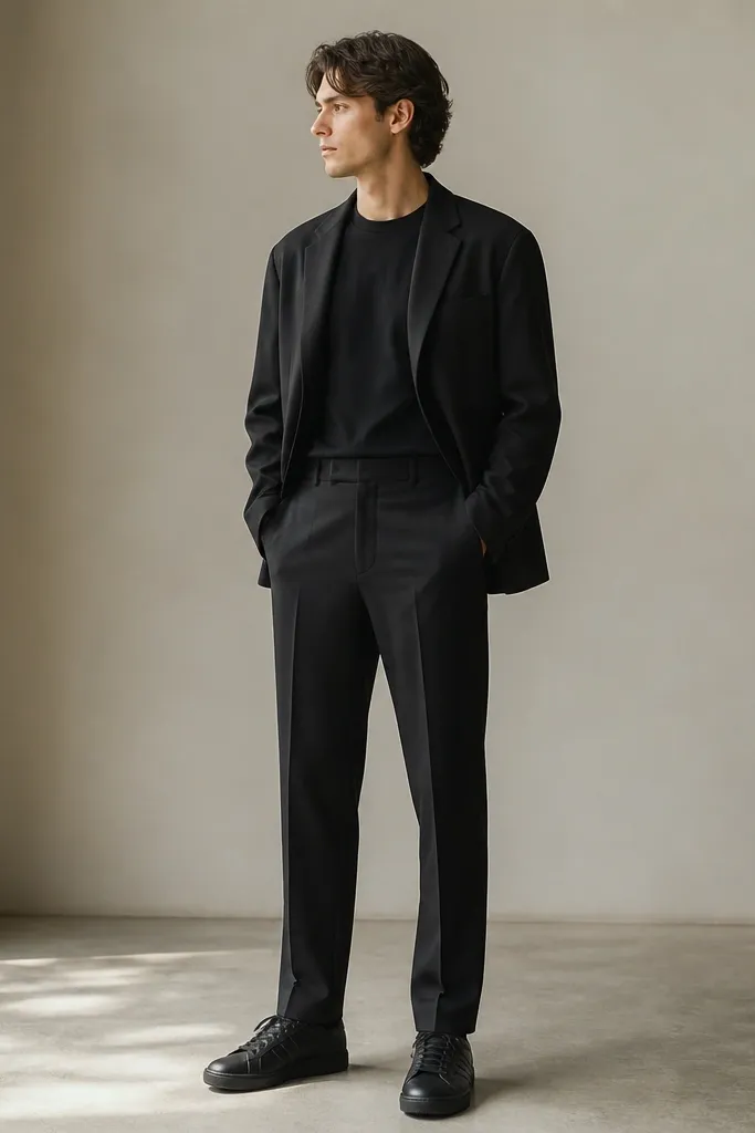 A sharp minimal look showing a black suit jacket worn open over a black crew tee. The trousers are straight leg and match the jacket tone closely, with a crisp front. The jacket sleeves are slightly longer, and the tee neckline sits cleanly under the lapels. Black adidas Superstar sneakers are worn instead of dress shoes, with a clean hem break above the shoe.