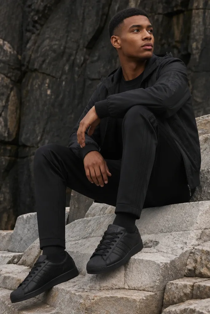 Seasonal evergreen all black superstar adidas outfit