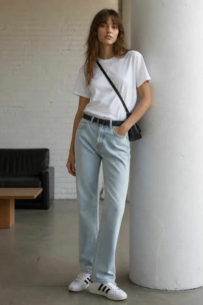A model wearing a plain white heavyweight crewneck tee tucked into light-wash straight-leg jeans. White adidas Superstars sit low on the feet. A simple black belt and a small crossbody bag finish the look.