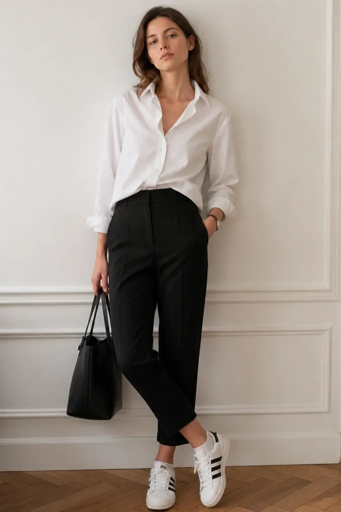 A model in an open-collar white poplin button-down, half-tucked at the front into high-waisted black cropped trousers. White adidas Superstars and white no-show socks are visible. A slim watch and small tote sit at the side.