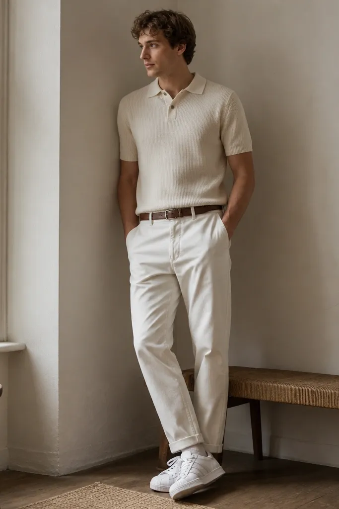 A cream knit polo with a neat collar worn over a slightly relaxed stance. The model pairs it with off-white chinos and a thin brown belt. White adidas Superstars are centered, with a simple knit cap in the background.