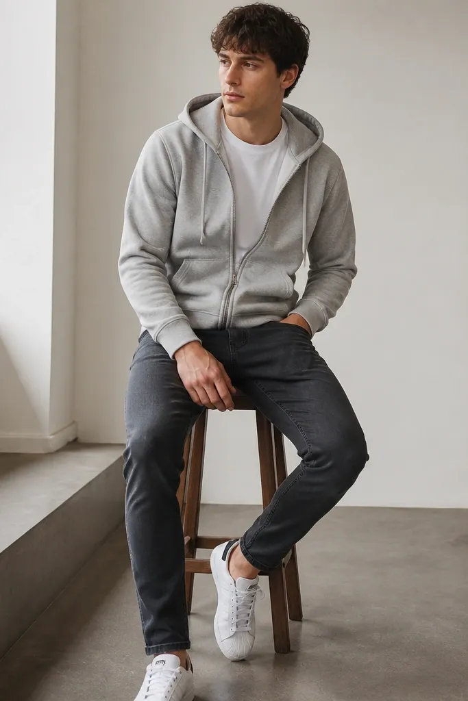 A model wears a light grey hoodie over a white crewneck tee. The hoodie is unzipped halfway. Charcoal slim jeans and white adidas Superstars complete the outfit.