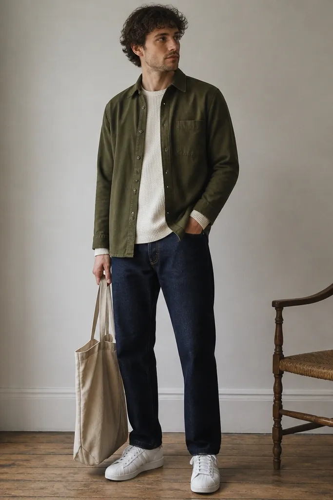 A model wears a white waffle thermal with long sleeves under an olive overshirt. Dark indigo jeans sit straight at the hem. White adidas Superstars and a canvas tote are shown.