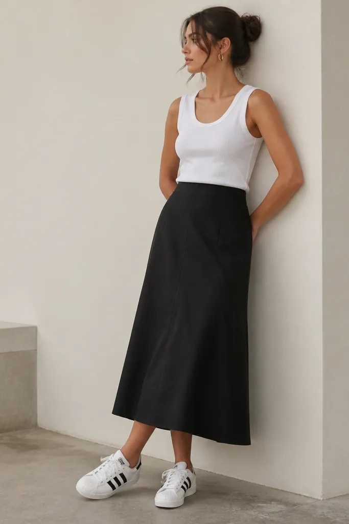 A model wears a white ribbed tank tucked into a black high-waisted midi skirt with a slight A-line. White adidas Superstars are paired with the skirt, and a thin gold hoop earring is visible.