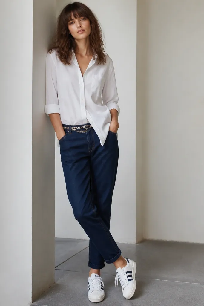 A model wears a white button-up shirt with sleeves rolled once, worn untucked over navy tapered jeans. White adidas Superstars are visible, and a slim chain belt sits at the waist.