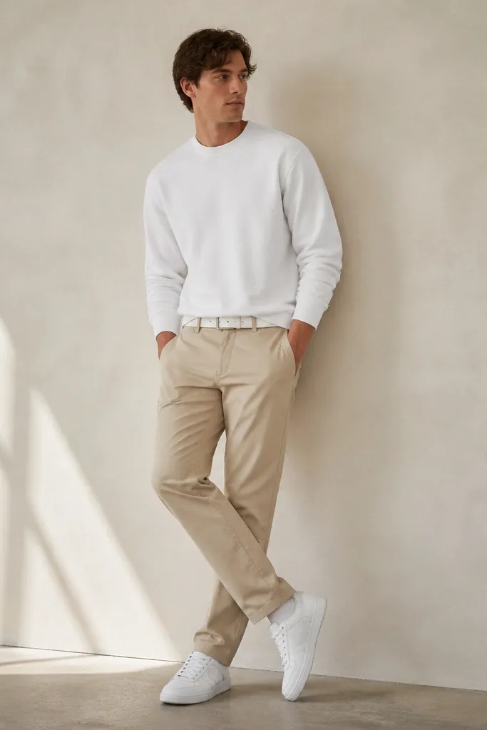 A model wears a clean white crew sweatshirt with relaxed sleeves. It's paired with beige chinos and a white leather belt. White adidas Superstars complete the outfit.