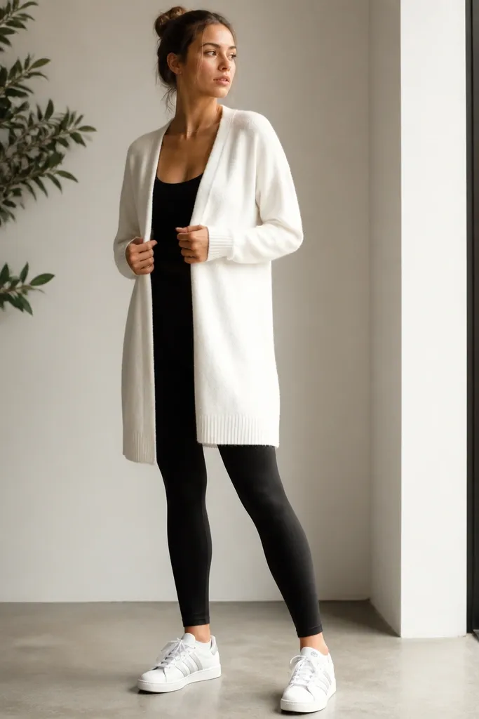A model wears a white long cardigan open in front over black leggings. The cardigan reaches mid-thigh. White adidas Superstars are worn with ankle socks.