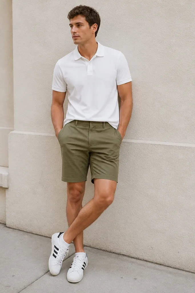 A model wears a white polo shirt with the collar flat. The polo is tucked slightly into olive shorts. White adidas Superstars sit on a clean sidewalk, with low white socks visible.