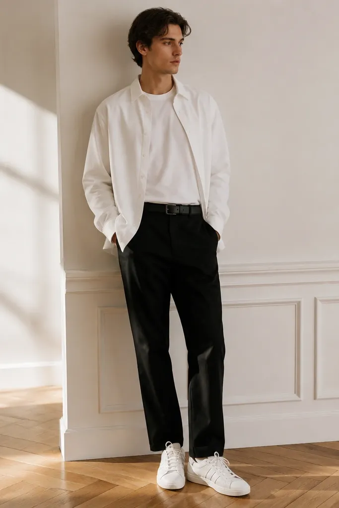 A model wears a white overshirt layered over a white tee, both matching tones. The bottom is black straight pants with a clean waistband. White adidas Superstars are paired with a black belt.
