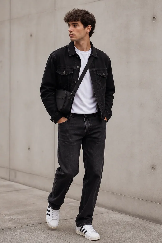 A model in a plain white crew tee with a black denim jacket worn open. The jeans are washed black straight-leg. White adidas Superstars and a black crossbody bag are shown.