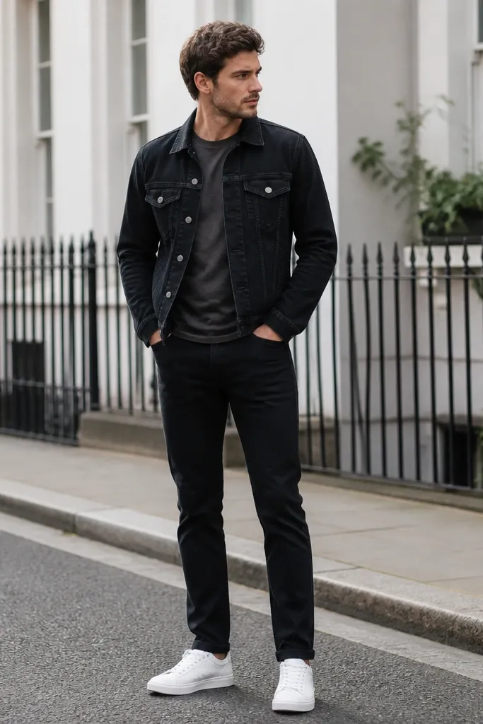A man wearing black straight jeans with a charcoal crew-neck T-shirt, a black denim jacket with visible stitching, and clean white leather low-top sneakers; the outfit is photographed full-body on a street with bright daylight, showing the jeans hem resting at the top of the shoe.