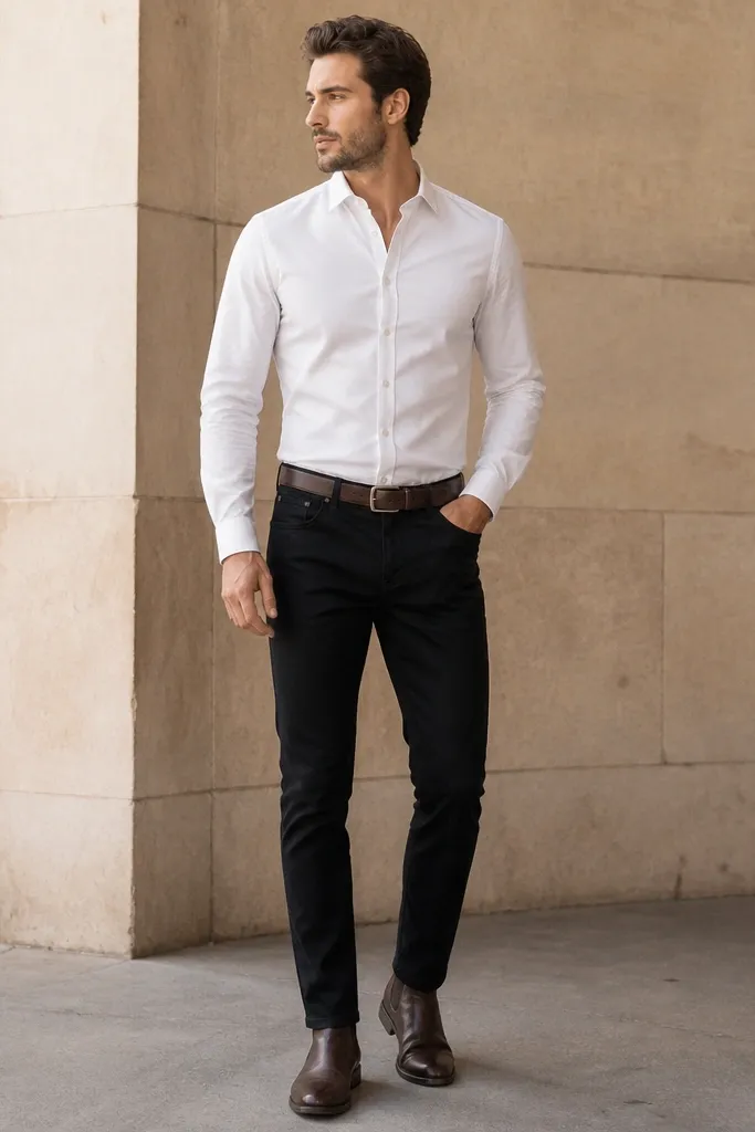 A man in black jeans paired with a crisp white oxford button-down tucked in, a brown leather belt, and dark brown chelsea boots; the frame shows the shirt placket and belt buckle clearly, with the boots sitting under the jeans hem.
