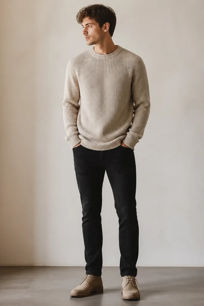 A full-body shot of black jeans with a stone-colored chunky knit sweater and tan suede desert boots; the sweater cuff sits over the wrist and the texture of the knit is visible.