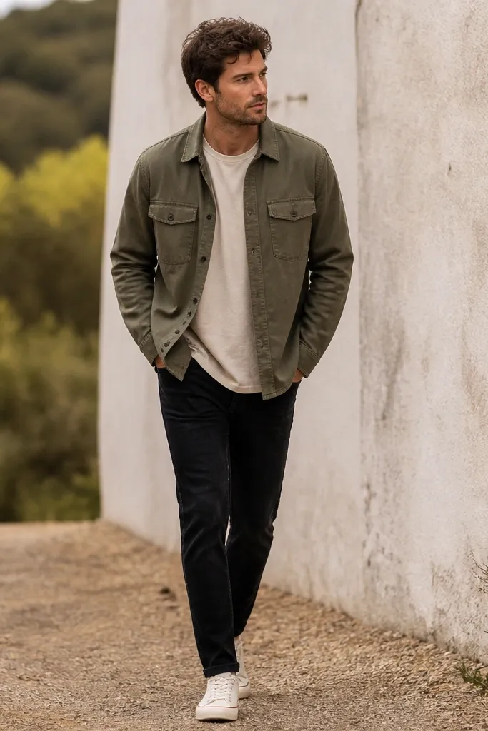 A man wearing black jeans with an olive green button-up overshirt layered over a cream tee, paired with white canvas sneakers; the overshirt has flap pockets and the outfit is shot outdoors.