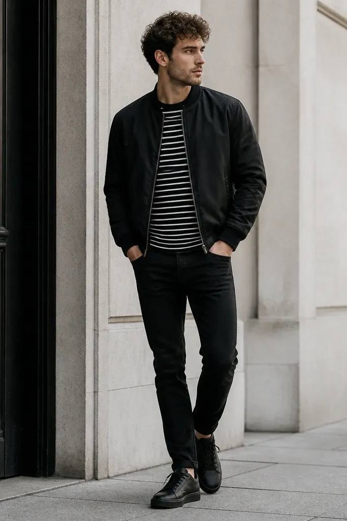 A man in black jeans wearing a matte black bomber jacket over a black-and-white striped T-shirt, with low-profile black sneakers; the bomber collar and zipper are clearly visible.