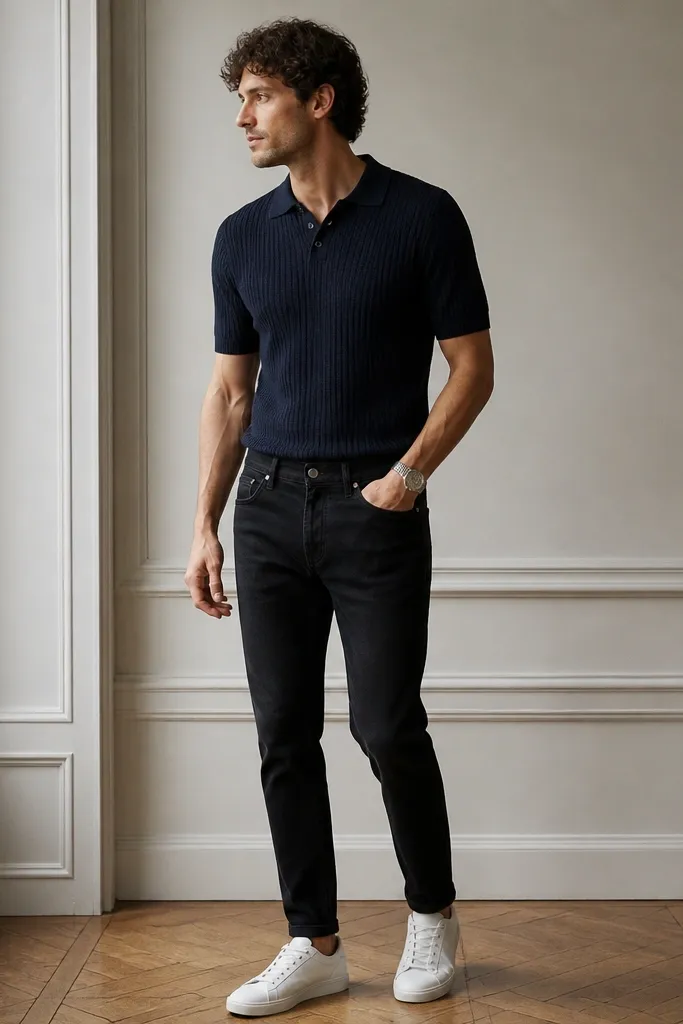 A man wearing a navy knit polo shirt tucked into black jeans, paired with white leather sneakers and a thin silver watch; the polo collar and knit texture are visible.