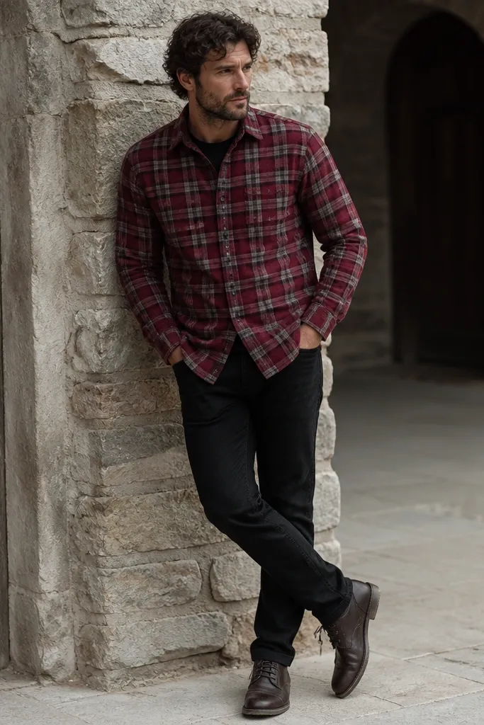 A man wearing black jeans with a burgundy plaid flannel button-up, layered with a dark crew tee at the neck, and dark brown lace-up shoes; the flannel pattern is prominent.