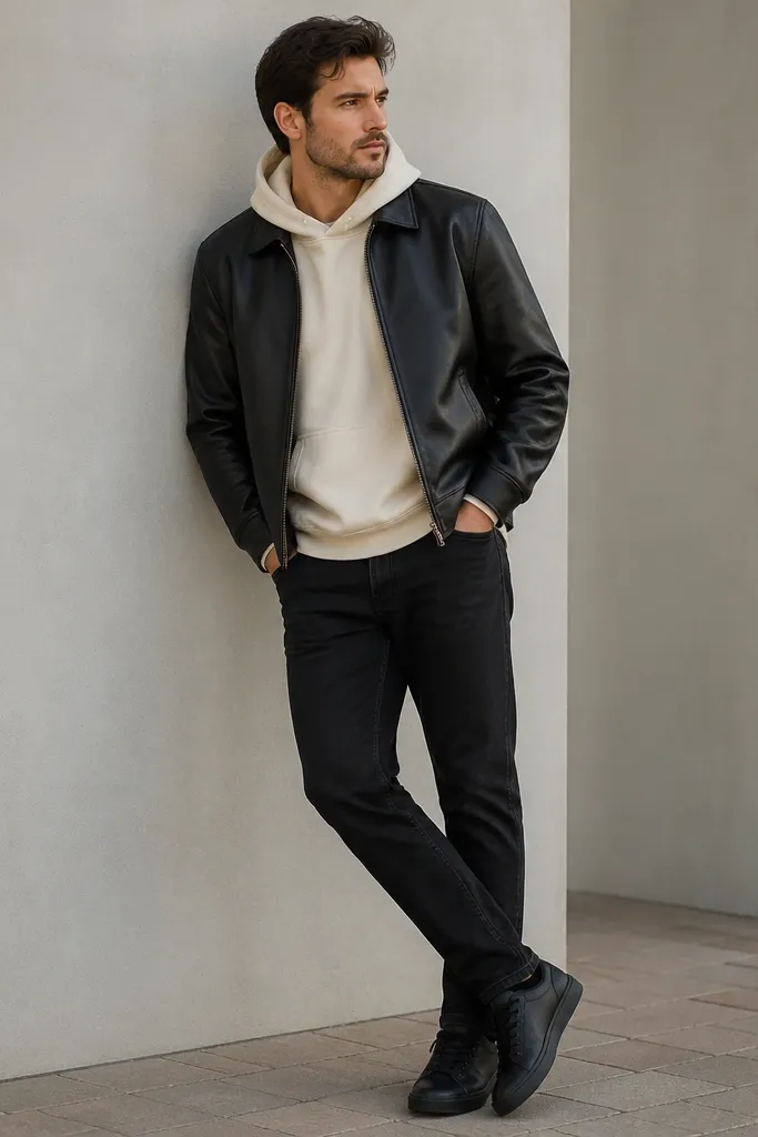 A man wearing black jeans with a cream hoodie under a black leather jacket, paired with black sneakers; the leather jacket has a zip front and visible collar.