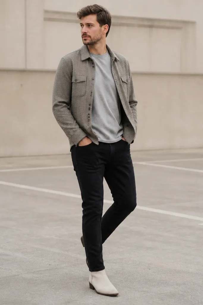 A man in black jeans with a light gray crew tee, a patterned overshirt (small checks), and white boots; the outfit is photographed in a parking lot with even daylight.