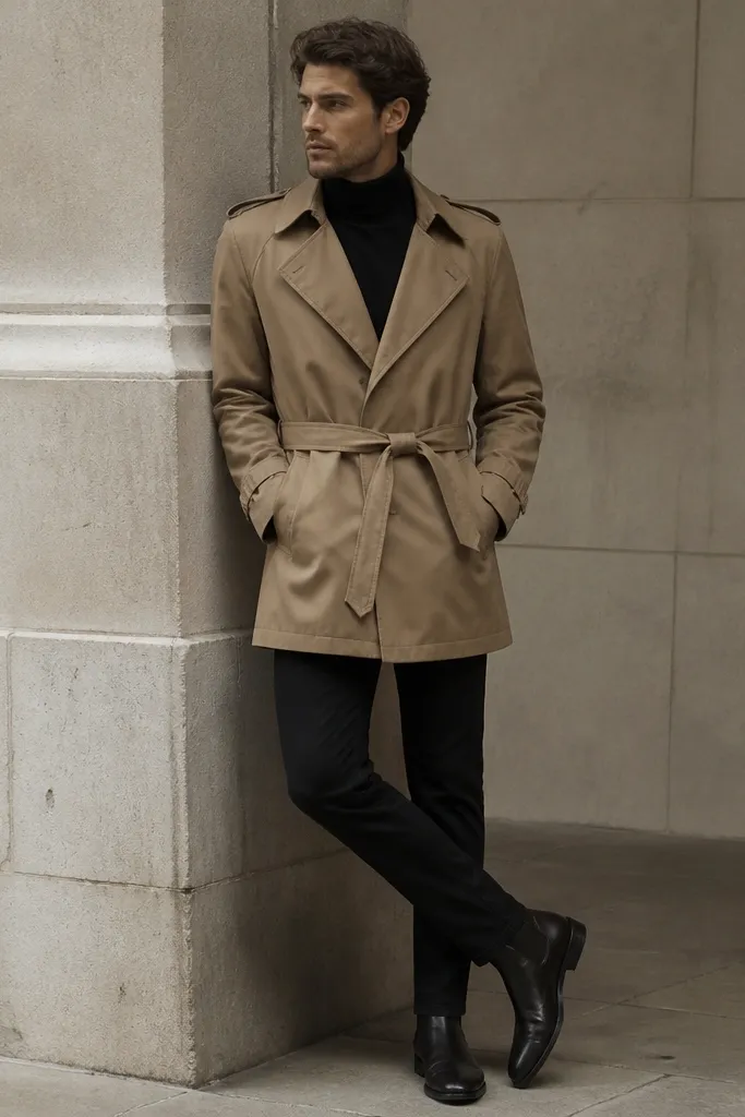 A man wearing black jeans with a black fitted turtleneck, a tan trench coat with a belt, and dark leather shoes; the trench length covers the hips and the belt is tied.
