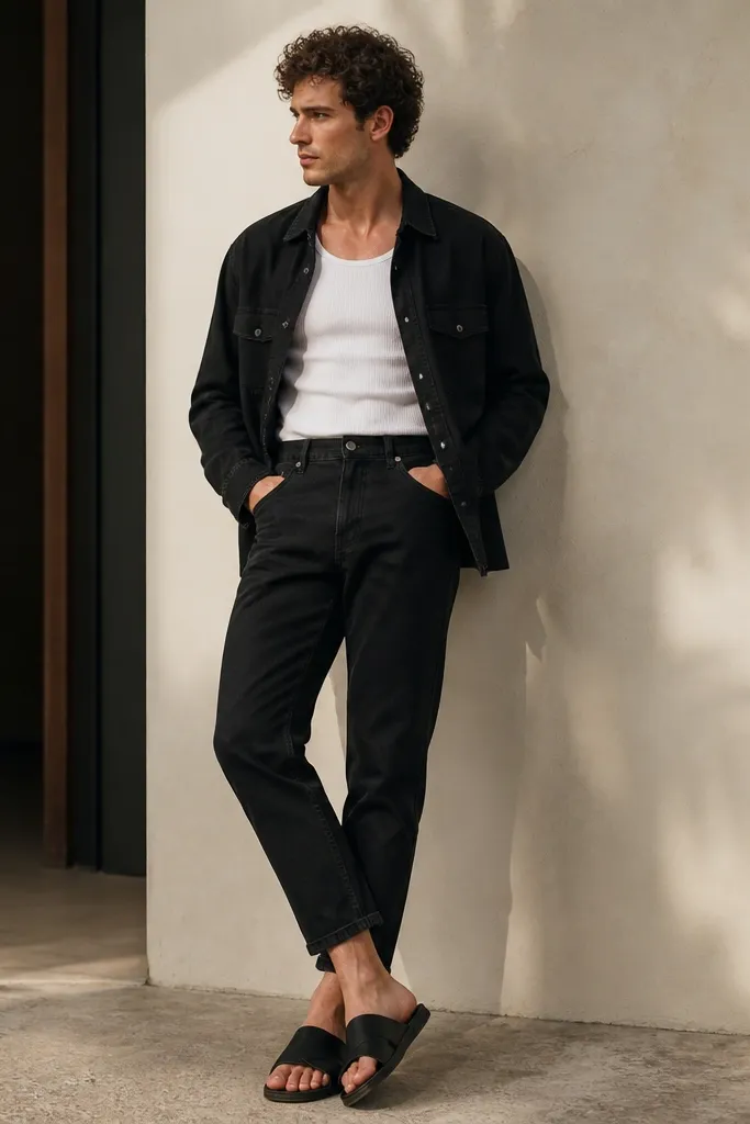 A man wearing black jeans with a white ribbed tank top under a black denim overshirt, plus black slide sandals; the overshirt is open and the jeans hem is cropped at the ankle.