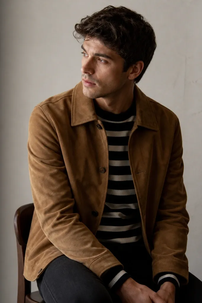 A man in black jeans wearing a long-sleeve black-and-white striped shirt, layered under a tan suede jacket; brown suede texture and jacket collar are visible.