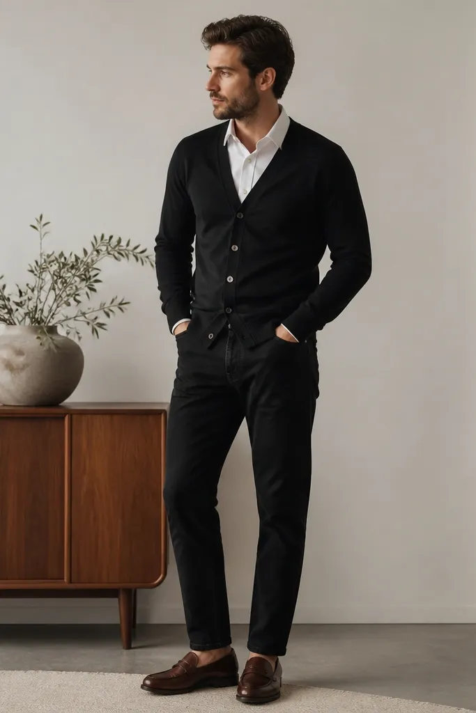 A man wearing black jeans with a black cardigan over a white button-down and brown leather loafers; the cardigan buttons are visible and the shirt collar is crisp.