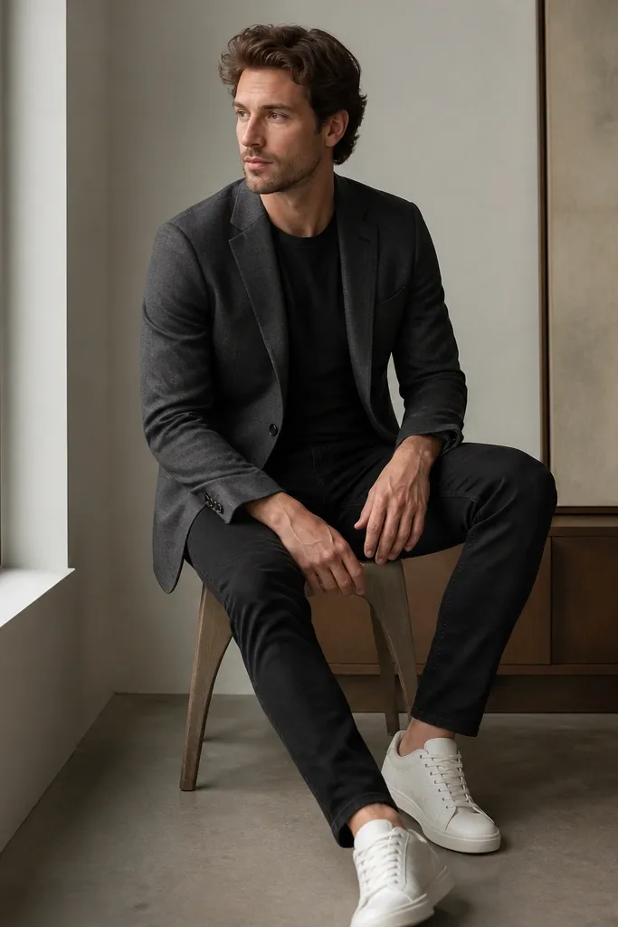 A man wearing black jeans with a charcoal blazer over a black crew-neck tee and white sneakers; the blazer lapels are visible and the outfit is photographed indoors near a window.