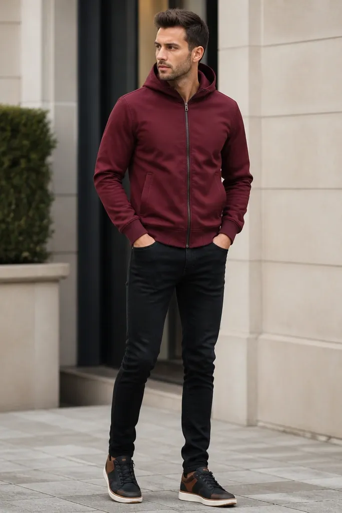 A man wearing black jeans with a burgundy bomber-style hoodie and sneakers that are black with brown trim; the hoodie has a ribbed hem and cuffs.