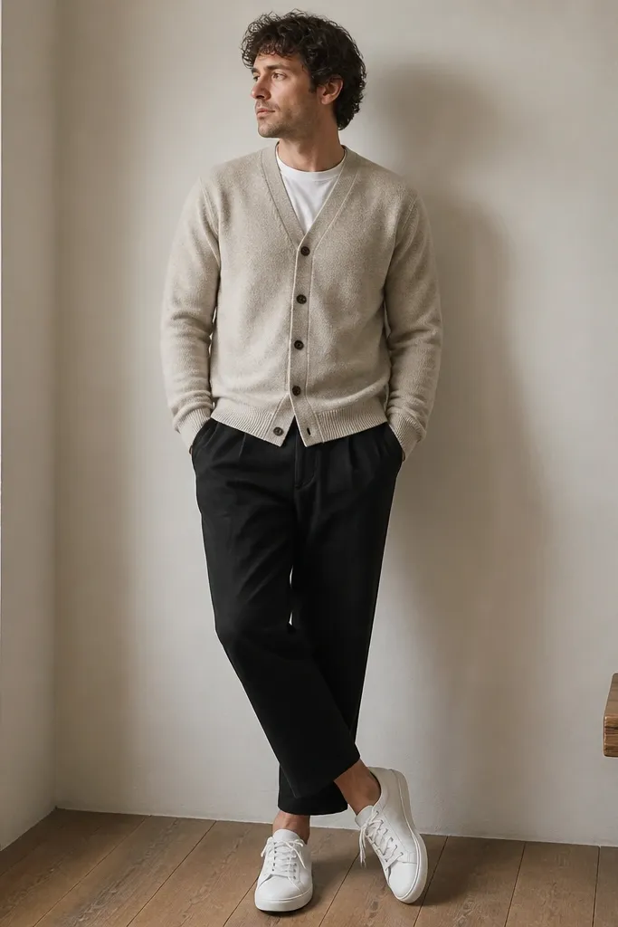 Outfit photo showing black linen pants cropped at the ankle, an oatmeal cardigan with buttons closed, a white crew tee peeking at the collar, and clean white low-top sneakers. The look is casual with a relaxed stance.