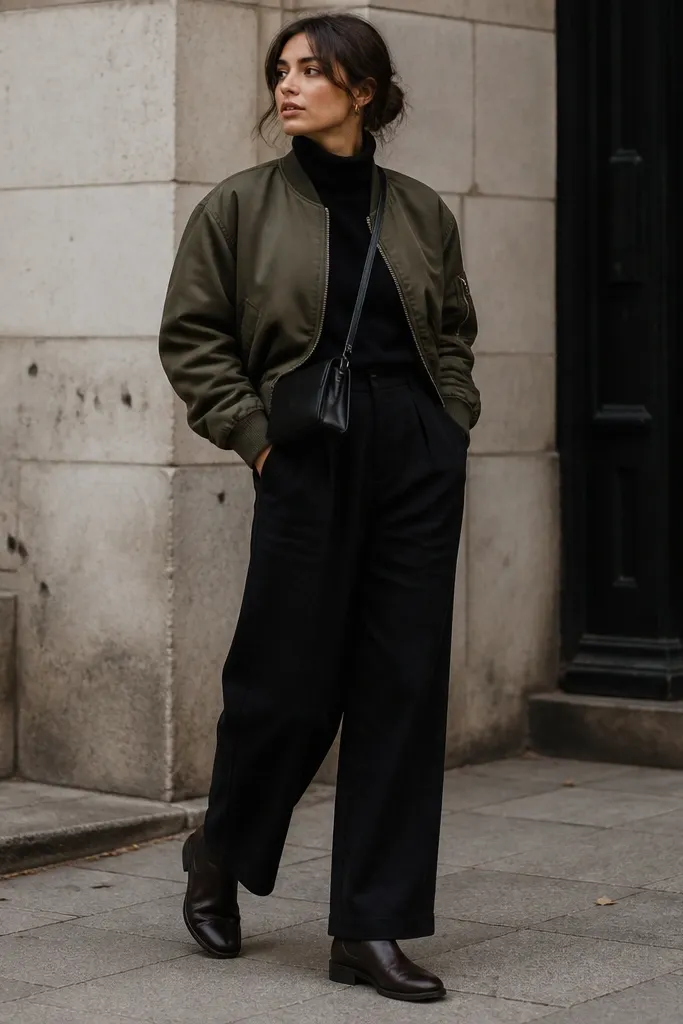 A styled look with black wide-leg linen pants, a fitted black turtleneck, and a short olive bomber jacket. Shoes are dark leather Chelsea boots; a small black crossbody bag sits at the hip.
