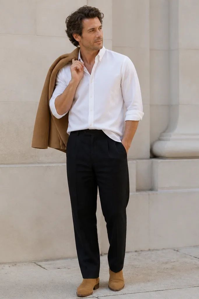 Photo shows black linen pants with subtle wrinkles, a crisp white oxford button-down half-tucked at the front, and tan suede ankle boots. A camel overcoat is draped over the shoulder.