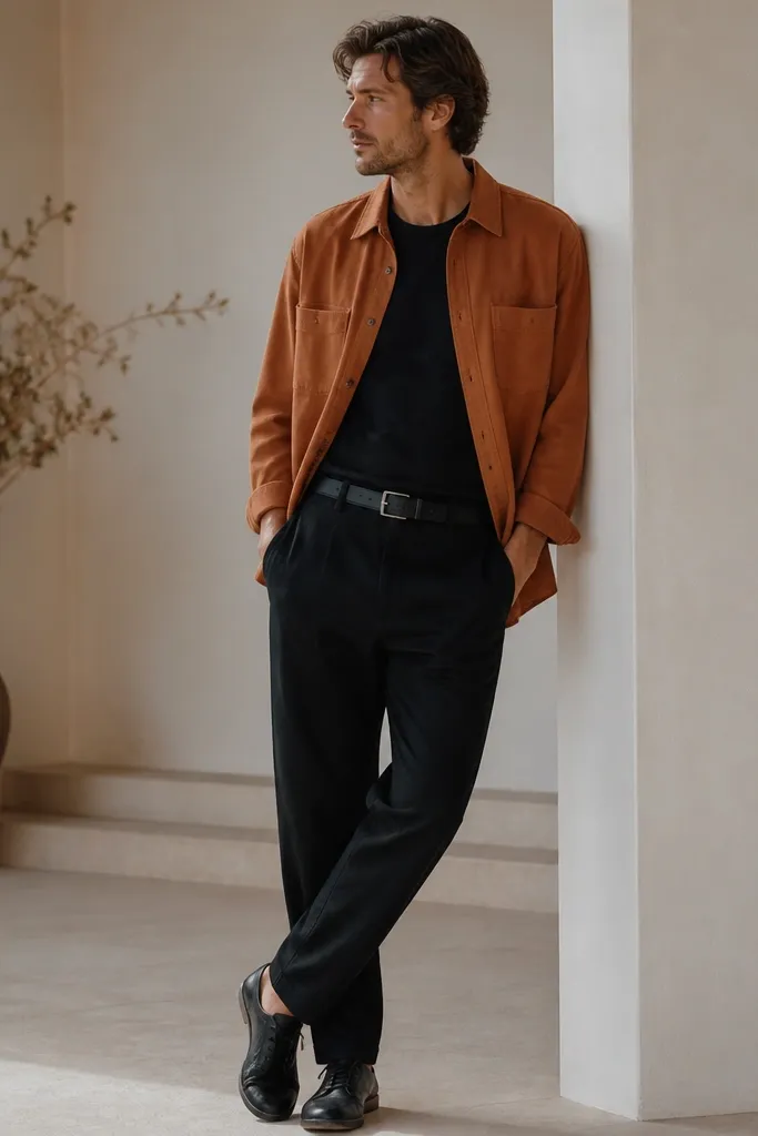 Outfit photo: black linen pants, a rust-orange overshirt with two front chest pockets left open, a plain black tee underneath, and dark leather sneakers. Belt is black with a simple buckle.