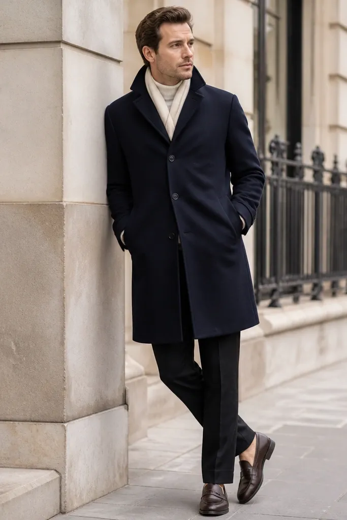 A polished street shot with black linen pants, a cream knit turtleneck, and a navy wool-blend coat worn buttoned. Shoes are dark brown leather loafers; a cream scarf peeks at the neck.