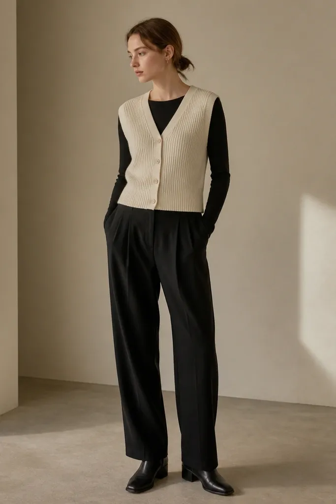 Outfit image: black linen pants with a pleated waistband, a cream cardigan vest over a black long-sleeve top, and black leather boots. The vest hem ends around the high hip.