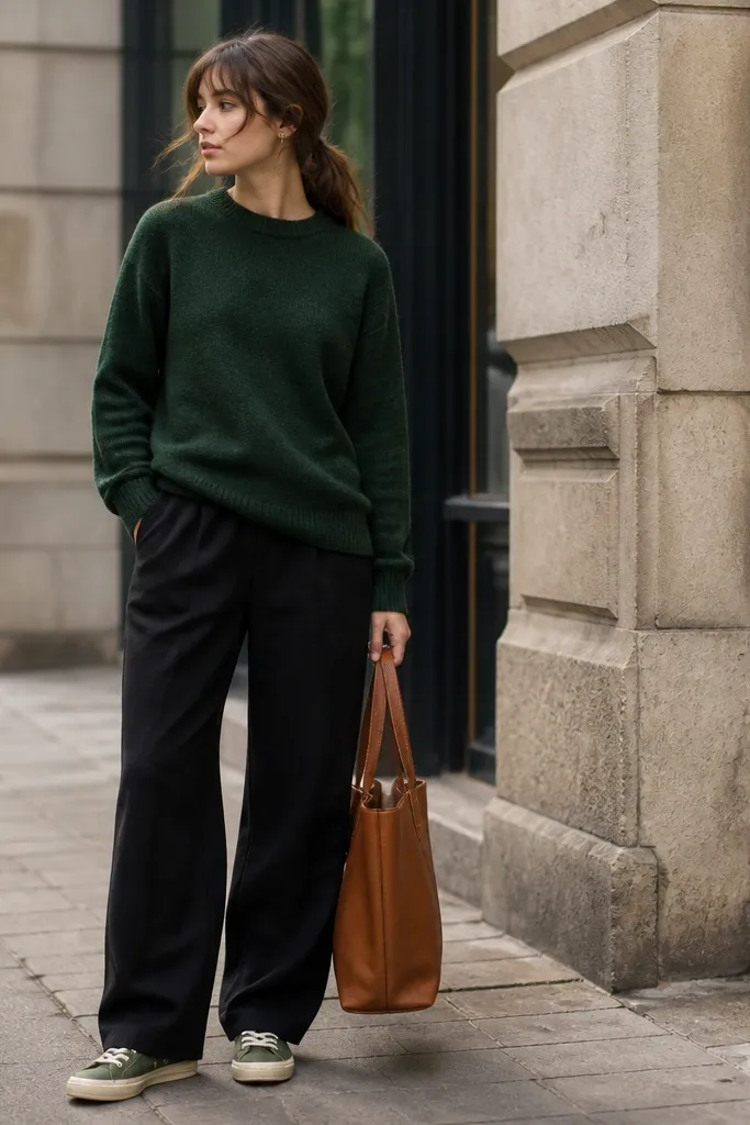 Casual street shot: black linen pants, a forest green knit sweater with a slightly dropped shoulder, olive canvas sneakers, and a brown leather tote.