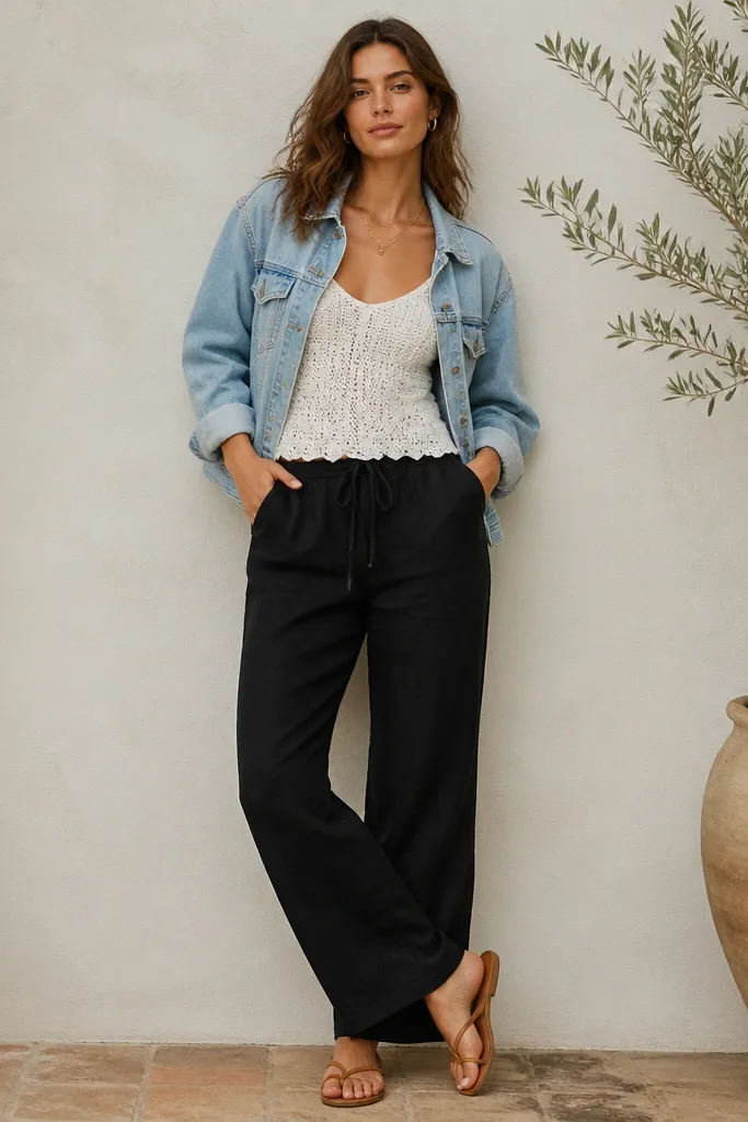 A bright outfit photo: black linen pants, a white crochet camisole or short-sleeve top, and a light wash denim jacket worn open. Shoes are tan sandals or low-profile flats.