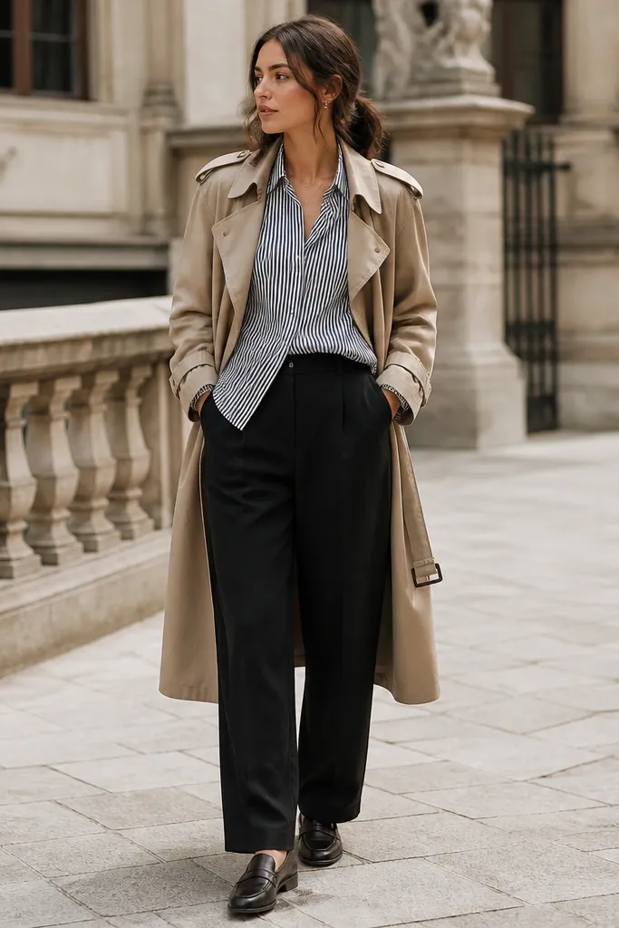 A stylish outdoor shot: black linen pants, a navy-and-white striped button-down tucked at the front, and a tan trench coat. Shoes are dark loafers; a belt is visible on the trench.