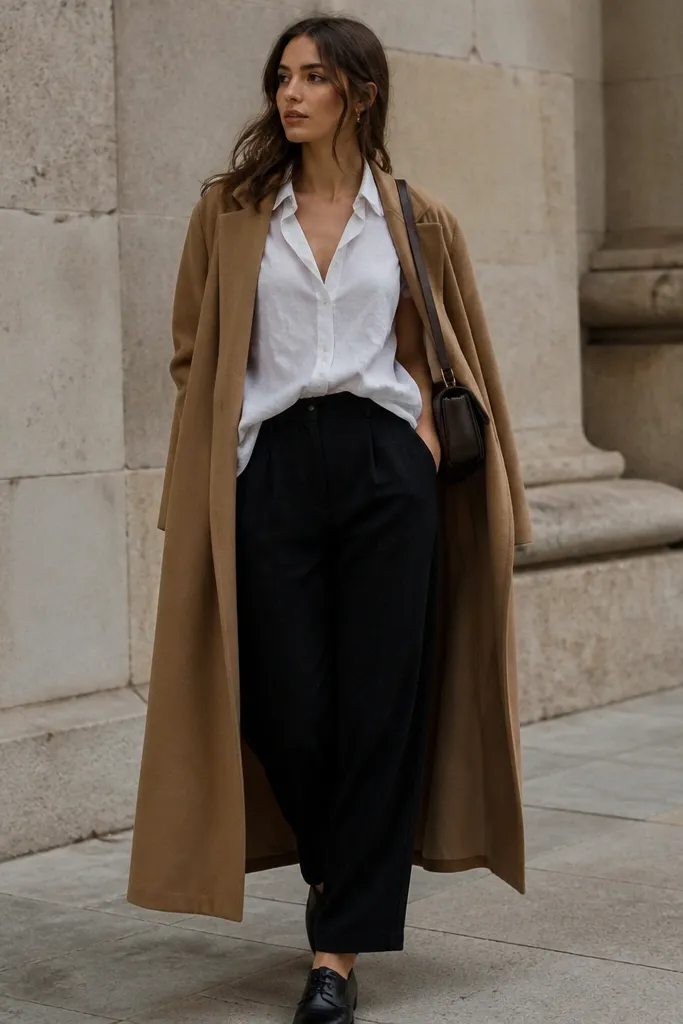 Photo shows black linen pants, a white linen button-down worn half-tucked, and a camel overcoat draped open. Footwear is dark leather oxfords; a small structured bag sits at the hip.